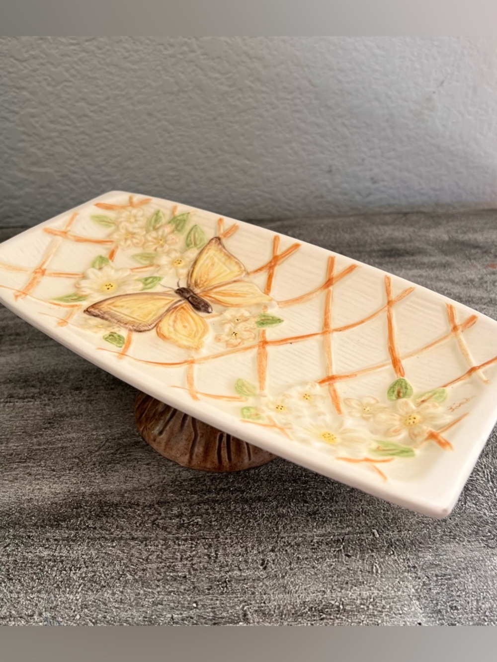 Rare Vintage Ceramic Hand Painted Textured Butterfly and Flower Tray With Base